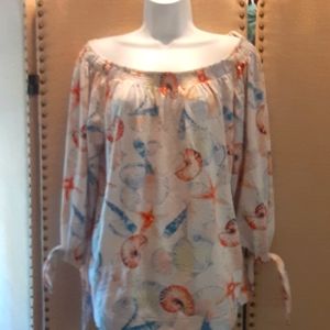 Chaps 1X 3/4 Tie Sleeve All Seashells Top Soft